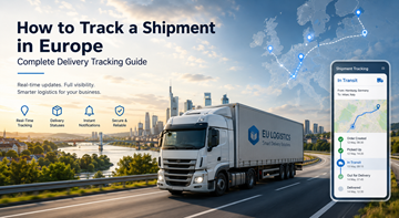 Europeisk logistikk-dashboard for forsendelsessporing som viser lastebilruter, GPS-sporing og leveringsstatuser i Europa