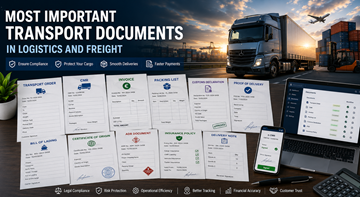 Samling av viktige transportdokumenter inkludert CMR, faktura, tolldokumenter og digital logistikksporing i Europa